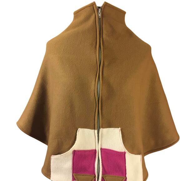 Womens Poncho Size Small Brown Pink Cream Handmade Indy Festival Artisan Western - Picture 3 of 6